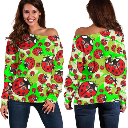 Ladybug with Leaf Print Pattern Off Shoulder Sweatshirt