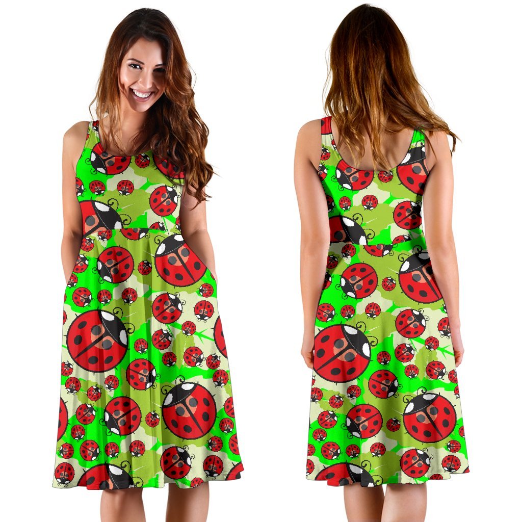 Ladybug with Leaf Print Pattern Sleeveless Dress