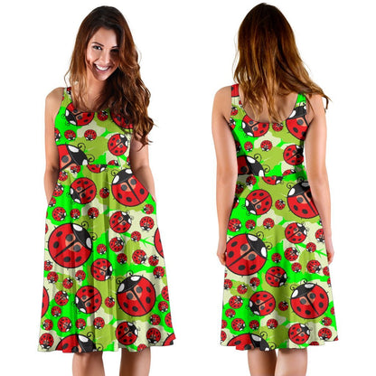 Ladybug with Leaf Print Pattern Sleeveless Dress