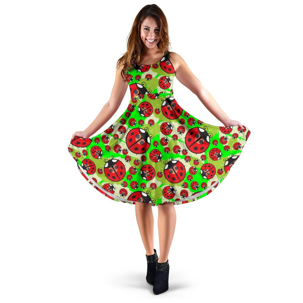 Ladybug with Leaf Print Pattern Sleeveless Dress