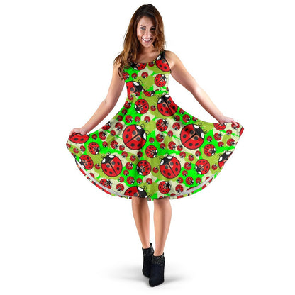 Ladybug with Leaf Print Pattern Sleeveless Dress