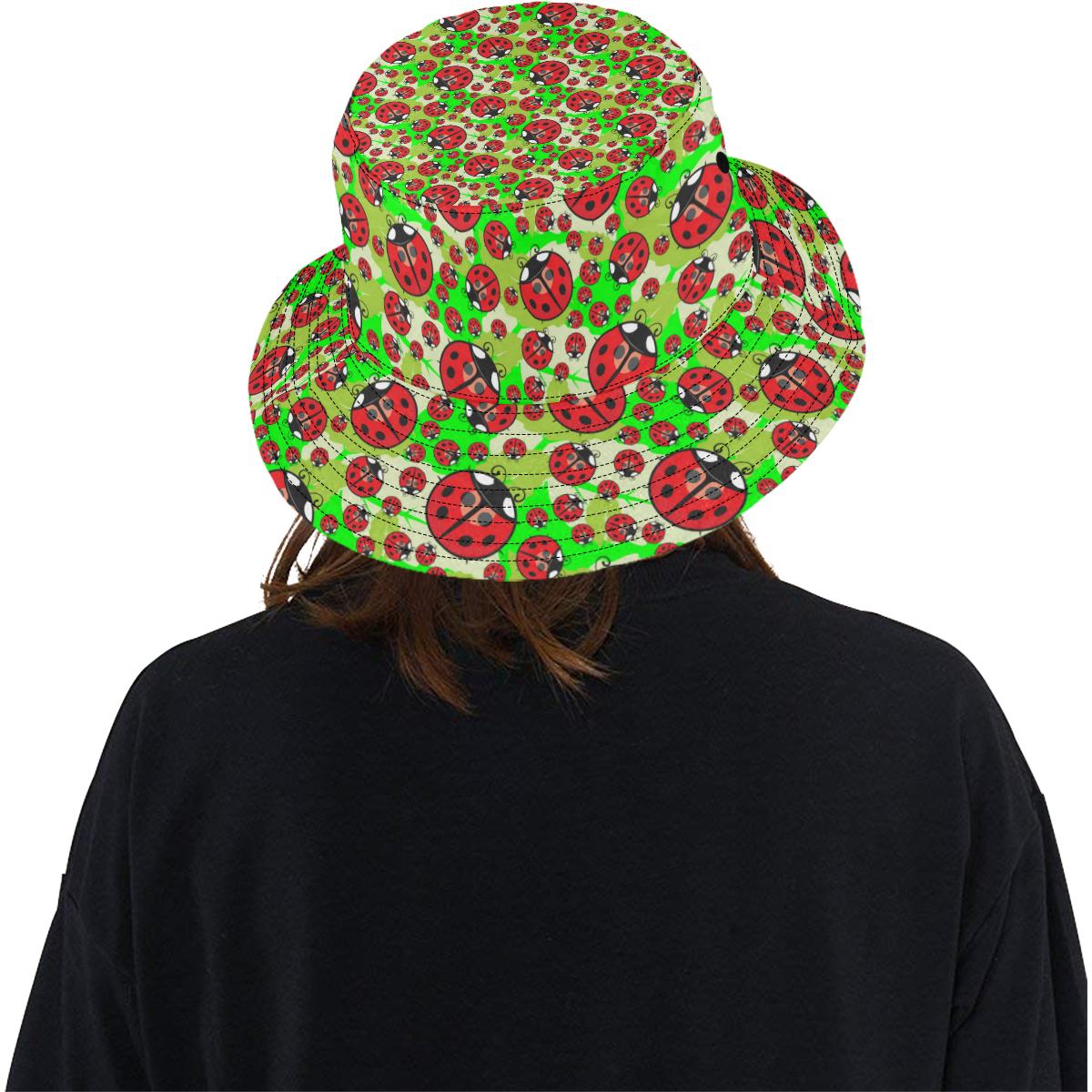 Ladybug with Leaf Print Pattern Unisex Bucket Hat