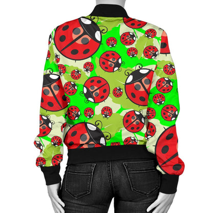 Ladybug With Leaf Print Pattern Women Casual Bomber Jacket