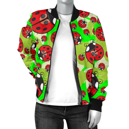Ladybug With Leaf Print Pattern Women Casual Bomber Jacket