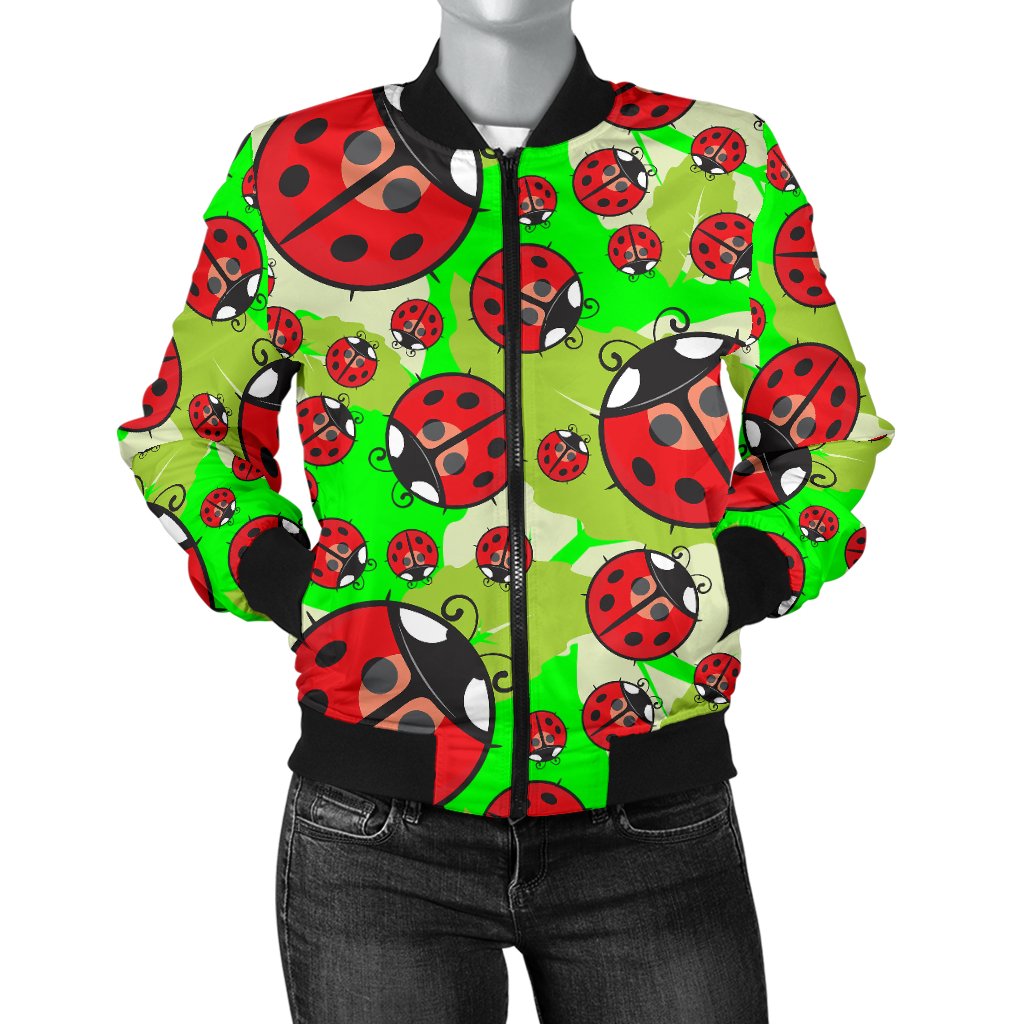 Ladybug With Leaf Print Pattern Women Casual Bomber Jacket