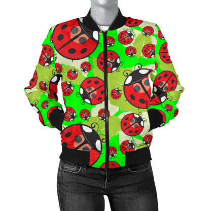 Ladybug With Leaf Print Pattern Women Casual Bomber Jacket