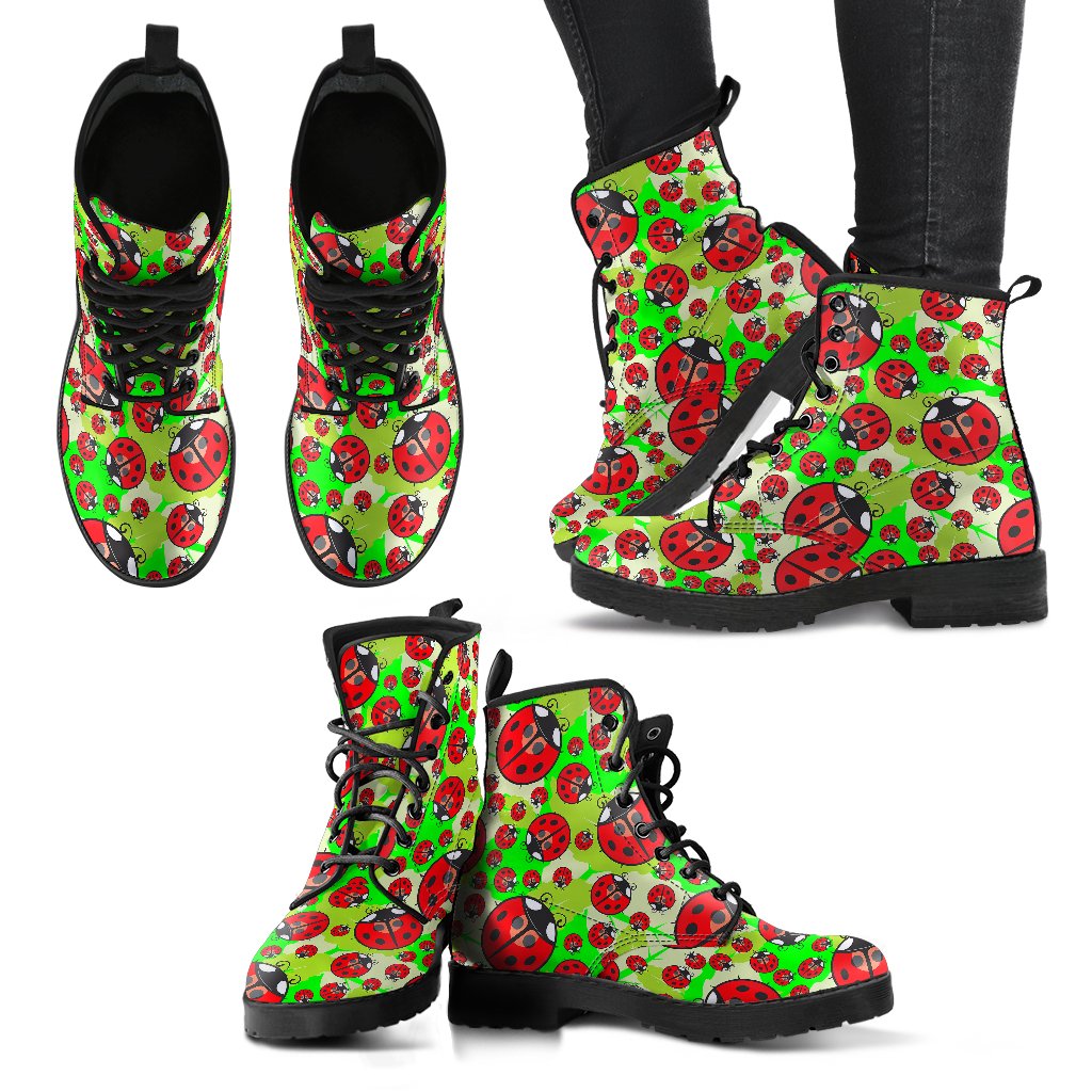 Ladybug with Leaf Print Pattern Women Leather Boots-JTAMIGO.COM