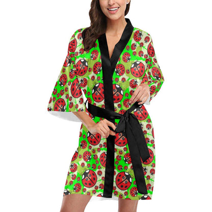 Ladybug with Leaf Print Pattern Women Short Kimono Robe
