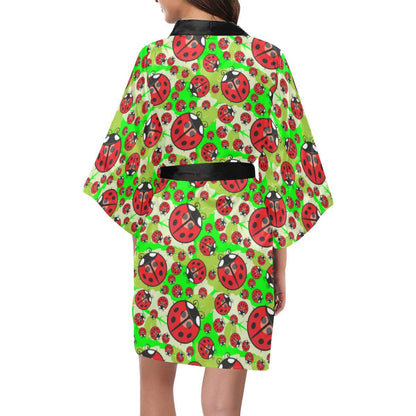 Ladybug with Leaf Print Pattern Women Short Kimono Robe