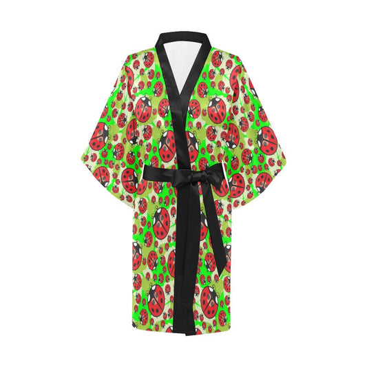 Ladybug with Leaf Print Pattern Women Short Kimono Robe