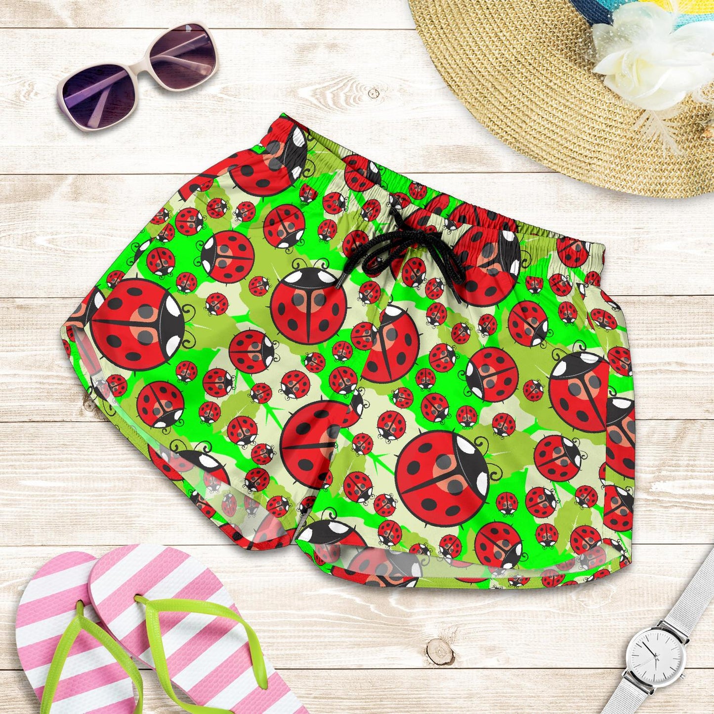 Ladybug with Leaf Print Pattern Women Shorts-JTAMIGO.COM
