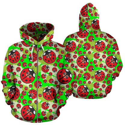 Ladybug with Leaf Print Pattern Zip Up Hoodie