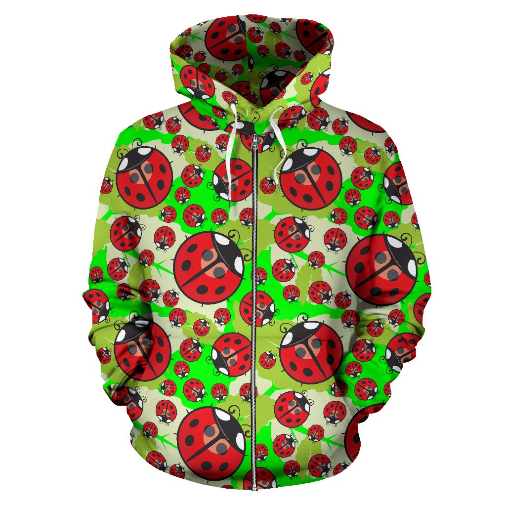 Ladybug with Leaf Print Pattern Zip Up Hoodie