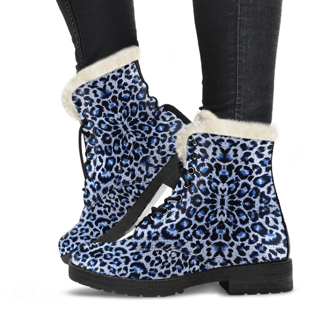 Leopard Blue Skin Print Faux Fur Leather Boots-JTAMIGO.COM