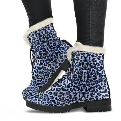 Leopard Blue Skin Print Faux Fur Leather Boots-JTAMIGO.COM
