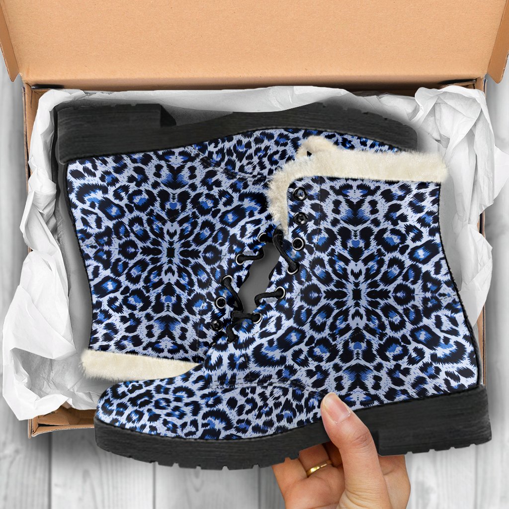 Leopard Blue Skin Print Faux Fur Leather Boots-JTAMIGO.COM