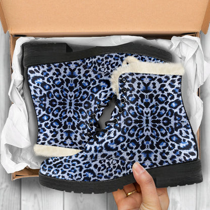 Leopard Blue Skin Print Faux Fur Leather Boots-JTAMIGO.COM