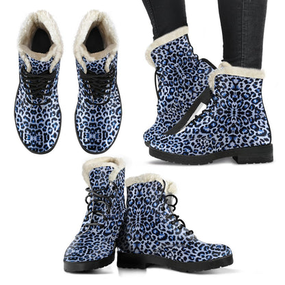 Leopard Blue Skin Print Faux Fur Leather Boots-JTAMIGO.COM