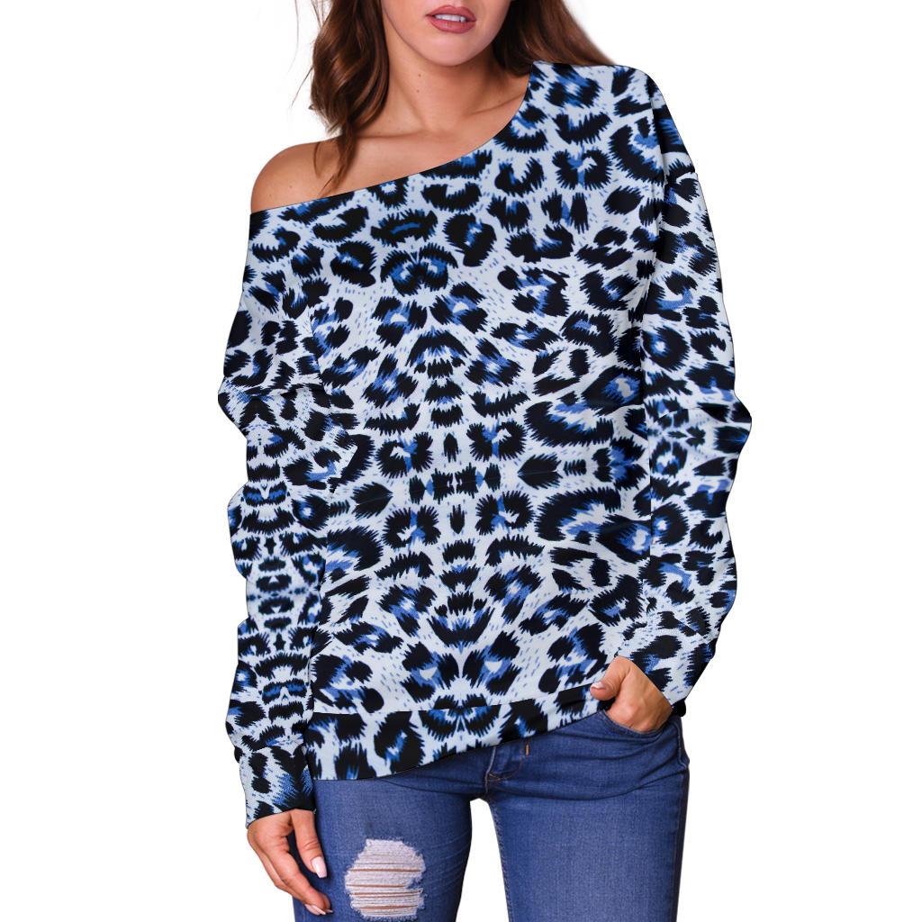 Leopard Blue Skin Print Off Shoulder Sweatshirt