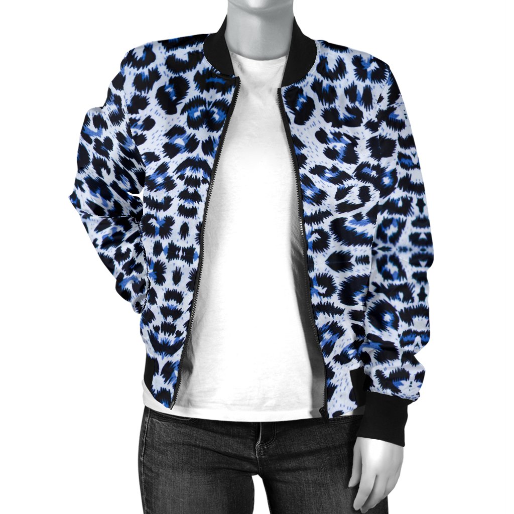 Leopard Blue Skin Print Women Casual Bomber Jacket