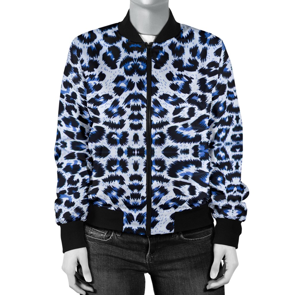 Leopard Blue Skin Print Women Casual Bomber Jacket