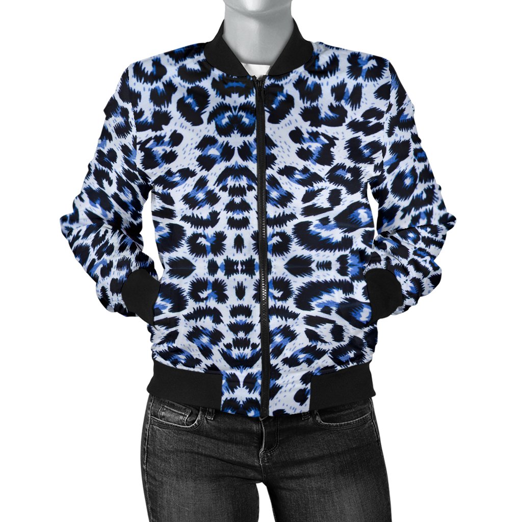 Leopard Blue Skin Print Women Casual Bomber Jacket