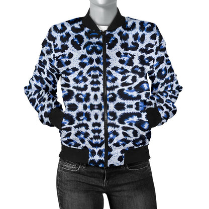 Leopard Blue Skin Print Women Casual Bomber Jacket