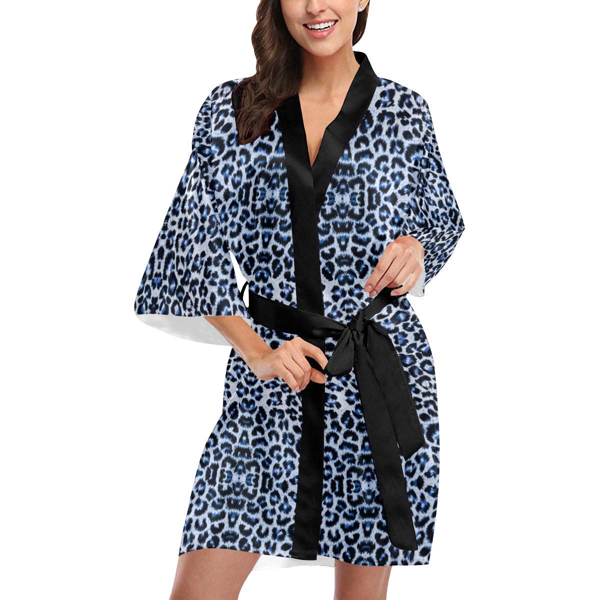 Leopard Blue Skin Print Women Short Kimono Robe