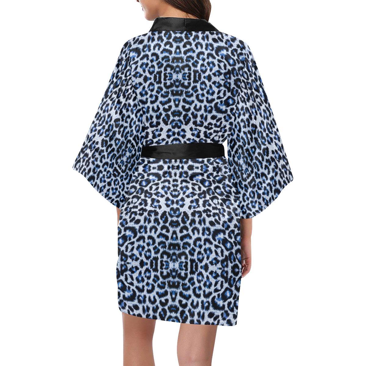 Leopard Blue Skin Print Women Short Kimono Robe