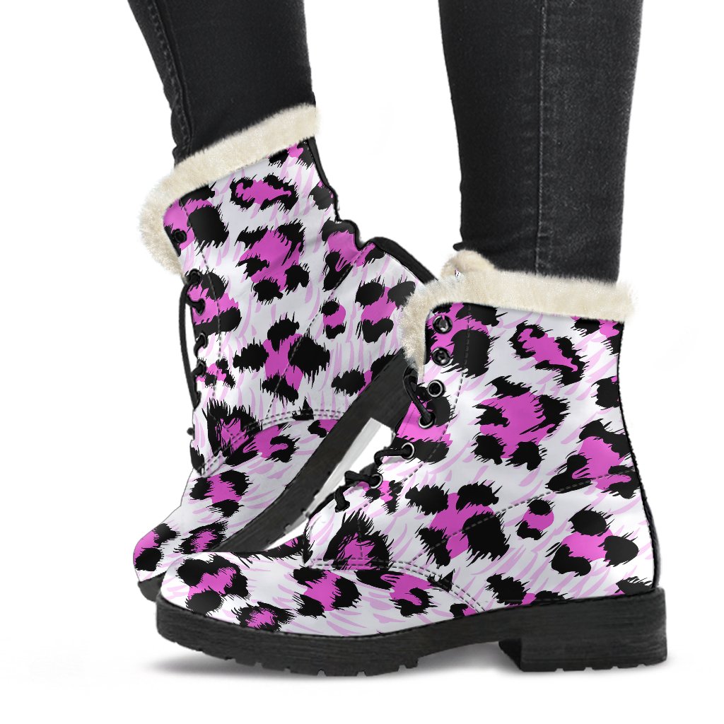 Leopard Pink Skin Print Faux Fur Leather Boots-JTAMIGO.COM