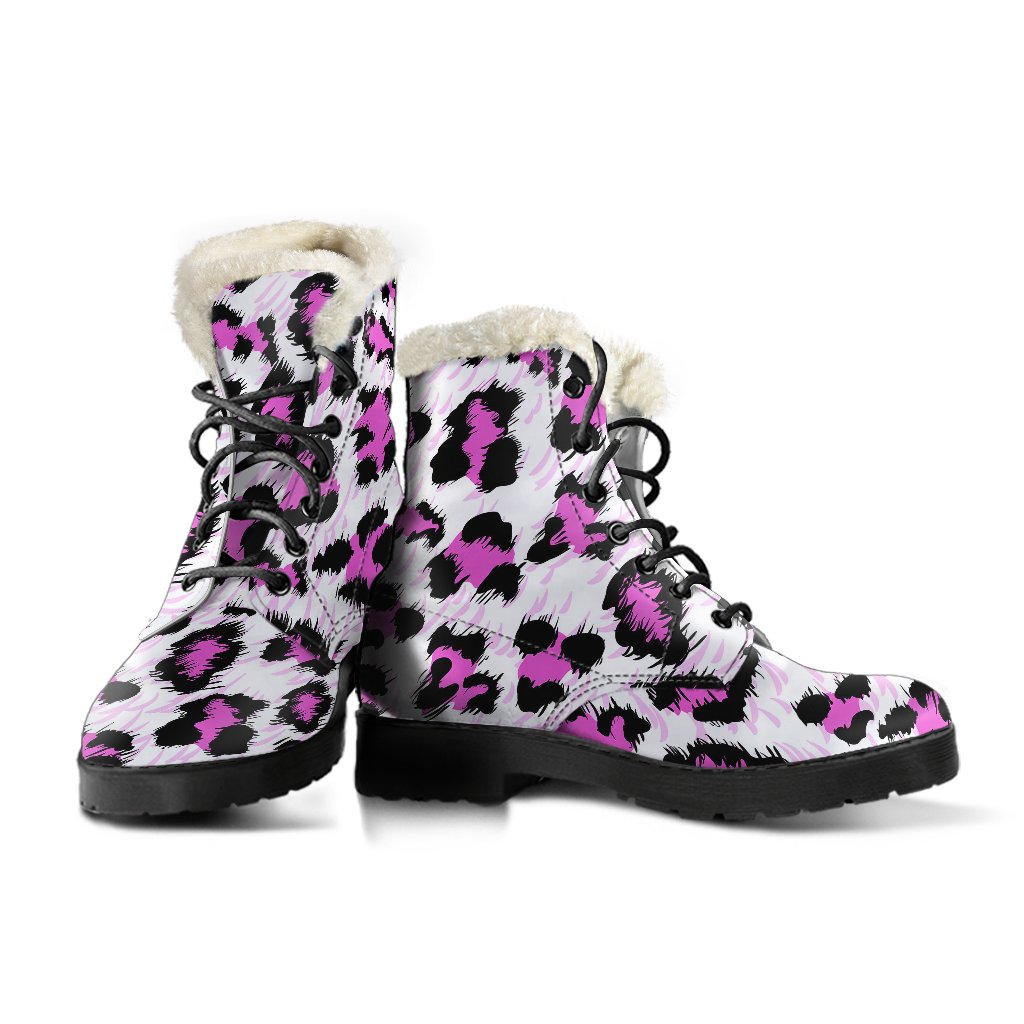 Leopard Pink Skin Print Faux Fur Leather Boots-JTAMIGO.COM