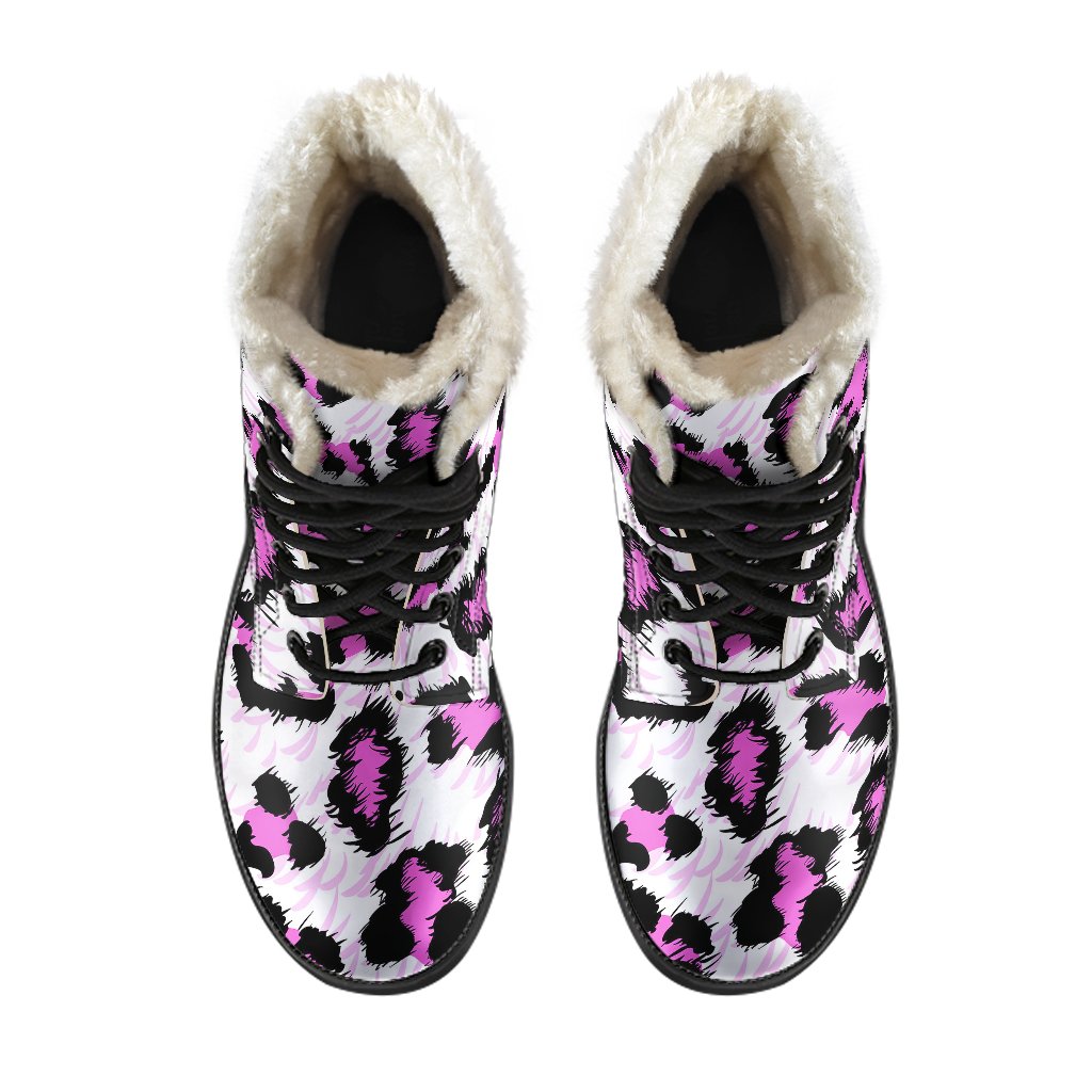 Leopard Pink Skin Print Faux Fur Leather Boots-JTAMIGO.COM