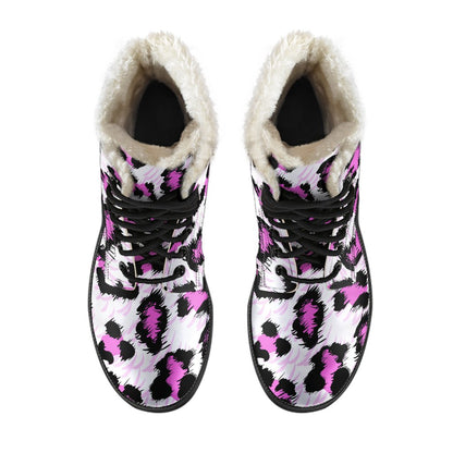 Leopard Pink Skin Print Faux Fur Leather Boots-JTAMIGO.COM