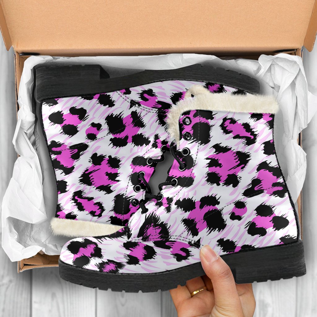 Leopard Pink Skin Print Faux Fur Leather Boots-JTAMIGO.COM