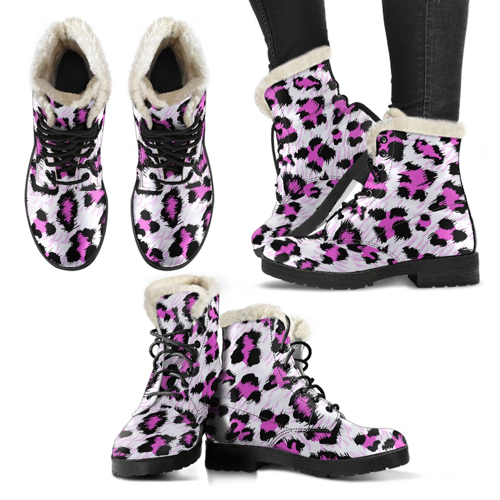 Leopard Pink Skin Print Faux Fur Leather Boots-JTAMIGO.COM