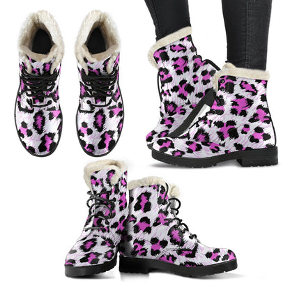 Leopard Pink Skin Print Faux Fur Leather Boots-JTAMIGO.COM