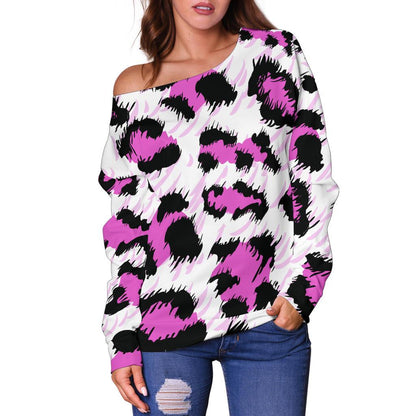 Leopard Pink Skin Print Off Shoulder Sweatshirt
