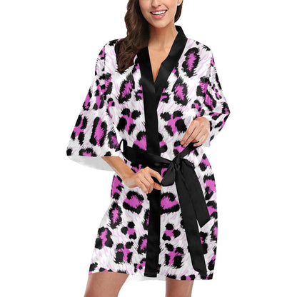Leopard Pink Skin Print Women Short Kimono Robe
