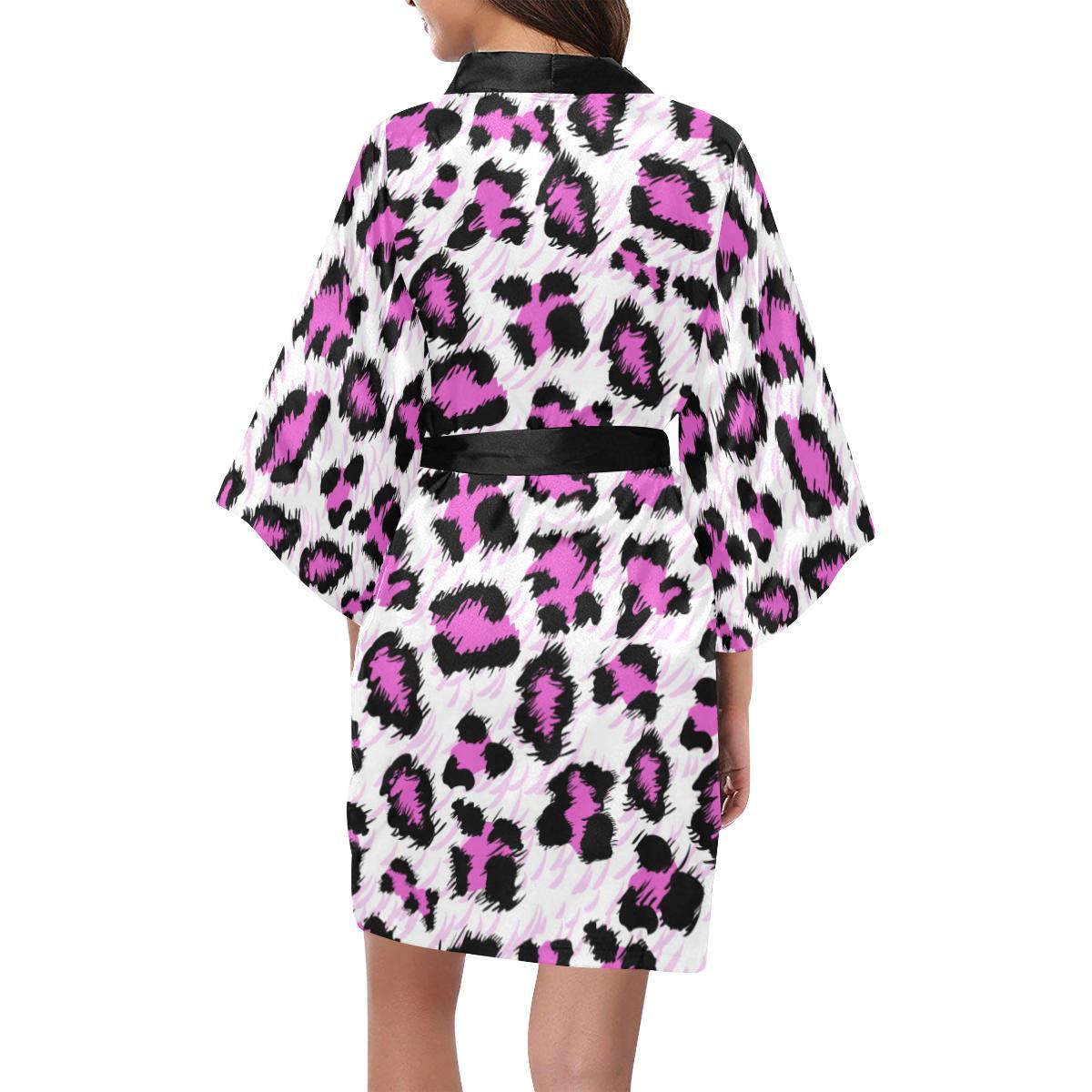 Leopard Pink Skin Print Women Short Kimono Robe