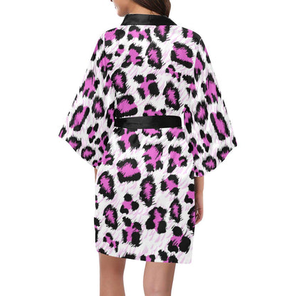 Leopard Pink Skin Print Women Short Kimono Robe
