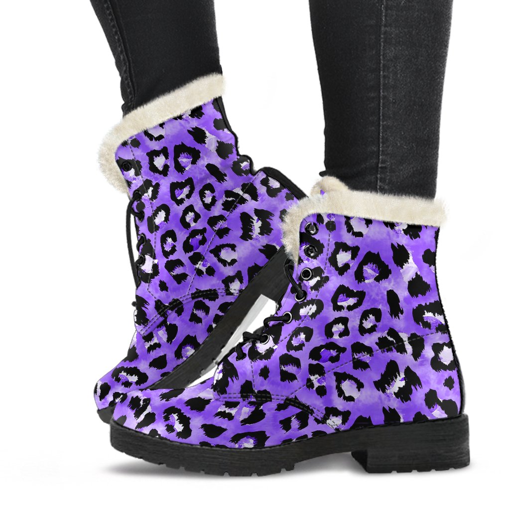 Leopard Purple Skin Print Faux Fur Leather Boots-JTAMIGO.COM