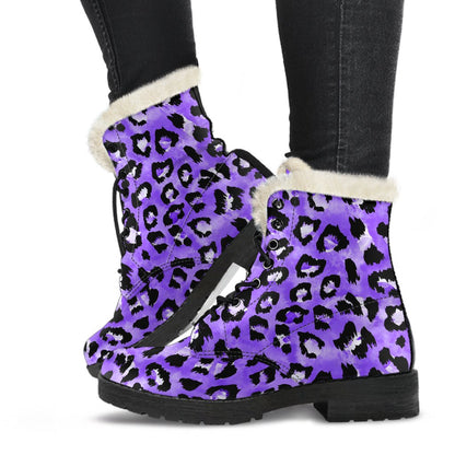 Leopard Purple Skin Print Faux Fur Leather Boots-JTAMIGO.COM