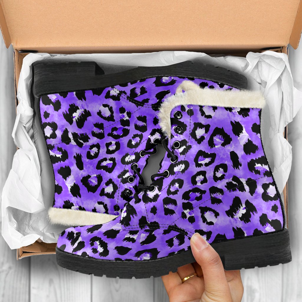 Leopard Purple Skin Print Faux Fur Leather Boots-JTAMIGO.COM