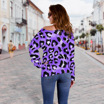 Leopard Purple Skin Print Off Shoulder Sweatshirt