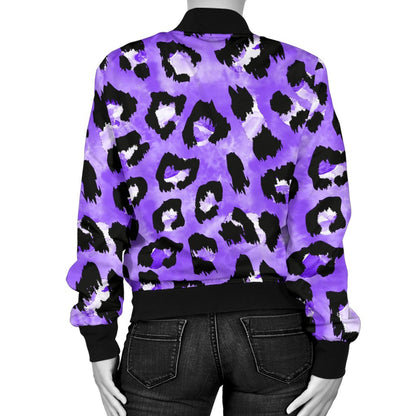 Leopard Purple Skin Print Women Casual Bomber Jacket