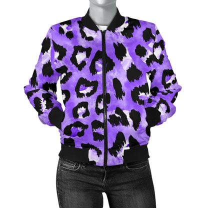 Leopard Purple Skin Print Women Casual Bomber Jacket