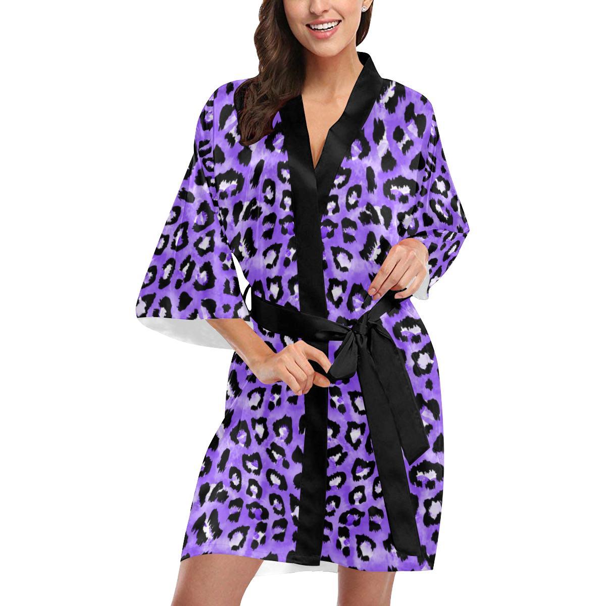 Leopard Purple Skin Print Women Short Kimono Robe