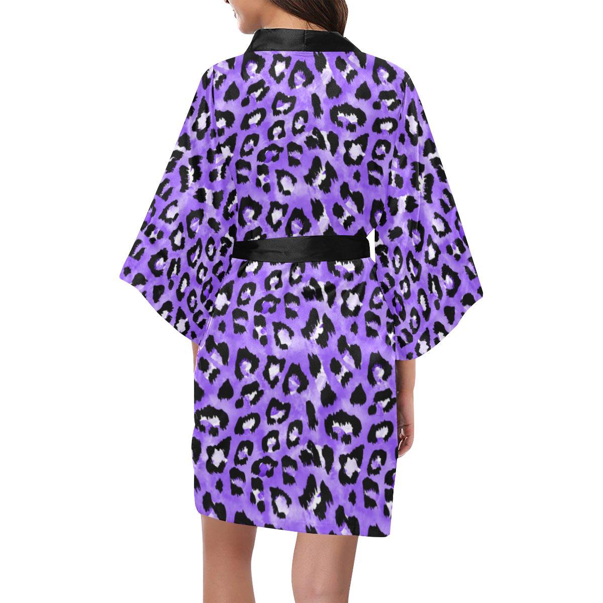 Leopard Purple Skin Print Women Short Kimono Robe