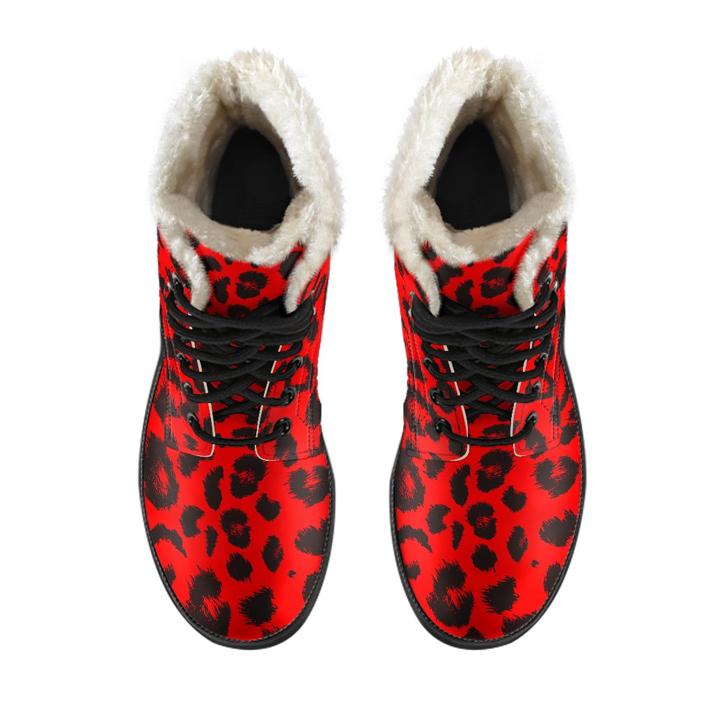Leopard Red Skin Print Faux Fur Leather Boots-JTAMIGO.COM