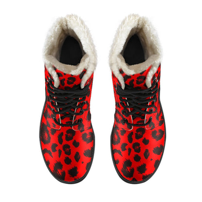 Leopard Red Skin Print Faux Fur Leather Boots-JTAMIGO.COM